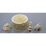 An early 20th century Chinese ivory box and three ivory figures