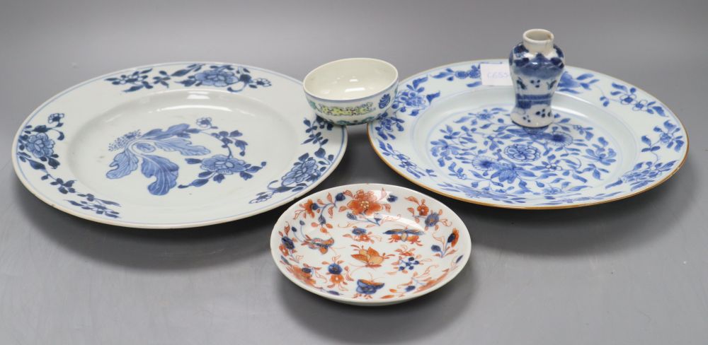 Two Chinese blue and white export plates, a blue and white miniature vase, a dish and bowl