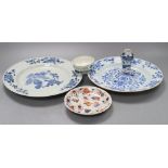 Two Chinese blue and white export plates, a blue and white miniature vase, a dish and bowl