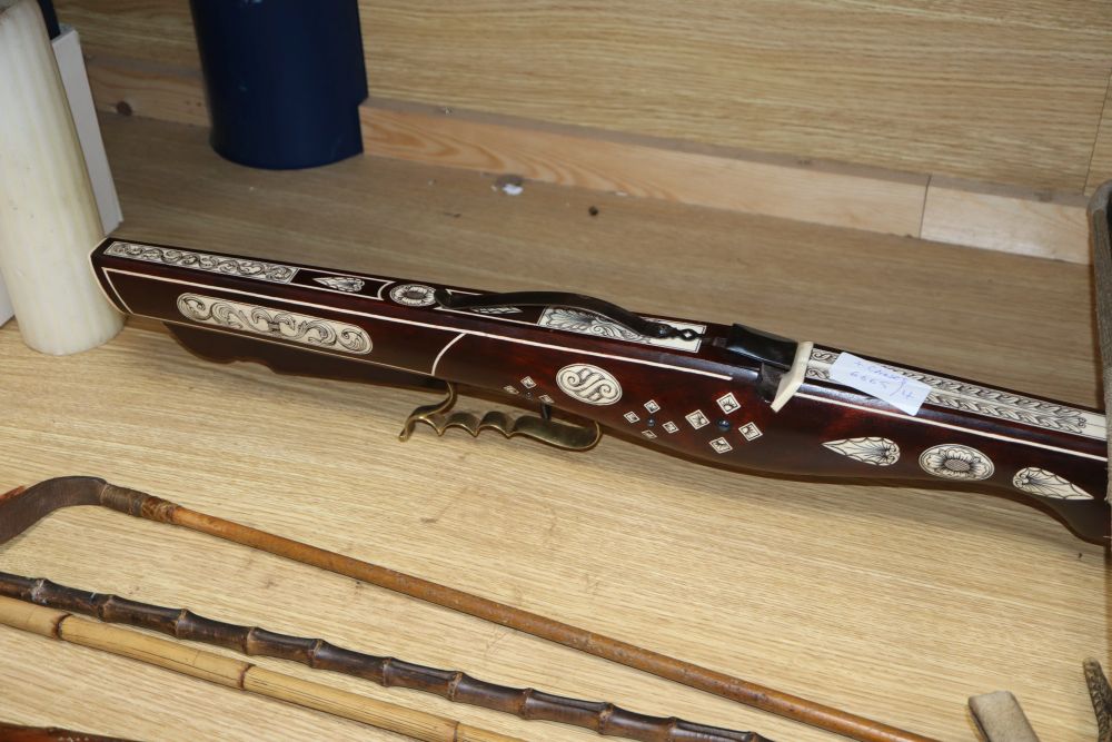 A European bone inlaid crossbow, two walking canes and three riding crops - Image 6 of 6