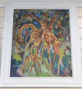 Henry Sanders (1918-1982), oil on board, Study of giraffes, signed and indistinctly dated, 60 x