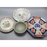 A Chinese celadon bowl, diameter 14cm, an Imari plate and two Chinese platesCONDITION: The Imari