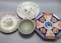 A Chinese celadon bowl, diameter 14cm, an Imari plate and two Chinese platesCONDITION: The Imari