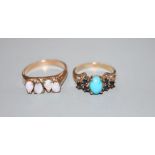 A 9ct gold, turquoise and sapphire cluster ring and a yellow metal and four stone white opal ring,