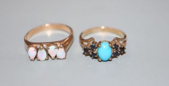 A 9ct gold, turquoise and sapphire cluster ring and a yellow metal and four stone white opal ring,