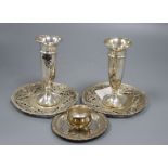 Three sterling small dishes/stands including a pair, a pair of spill vases and a condiment, 9.5 oz.