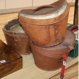 Three silk top hats and leather hat boxesCONDITION: All leather top hat boxes are damaged, the