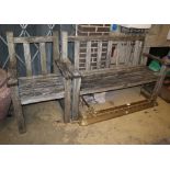 A weathered teak garden bench and matching chair, bench W.150cm, D.52cm, H.98cm