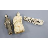 A Japanese walrus ivory figure of a warrior, an ivory figure of a bijin and a Chinese ivory dragon