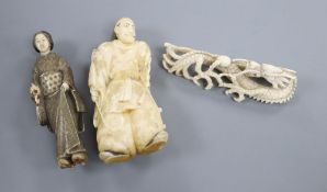 A Japanese walrus ivory figure of a warrior, an ivory figure of a bijin and a Chinese ivory dragon