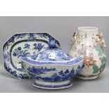 A Chinese vase with deer handles, height 29cm, a Chinese export blue and white plate and a