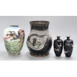 A Japanese enamel vase, a cloisonne vase and a pair of miniature cloisonne vases, tallest 20cm
