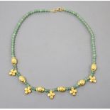 A Chinese yellow metal and quartz? bead necklace, 42cm, gross 17.5 grams.