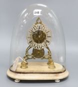 A fusee skeleton clock on marble base, under associated dome, height overall 39cm