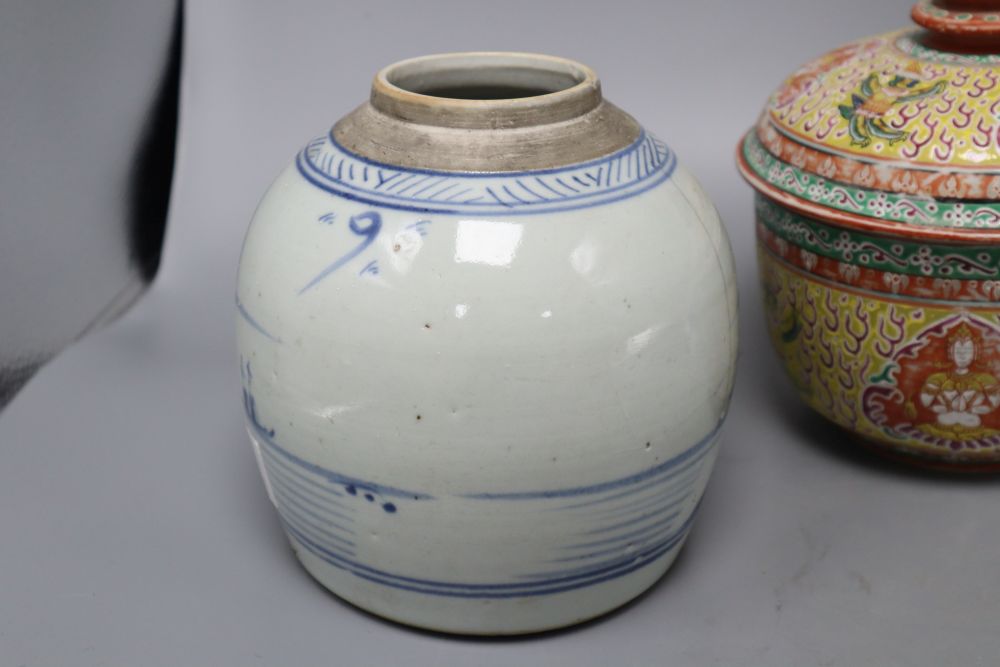 A Chinese blue and white jar, a dish and an Indian porcelain box and cover, tallest 20cmCONDITION: - Image 2 of 8