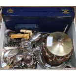 A quantity of plated wares, a biscuit barrel, cream jugs etc