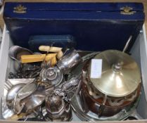 A quantity of plated wares, a biscuit barrel, cream jugs etc