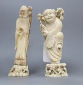 Two early 20th century Chinese ivory figures of Liu Hai and Shou Lao, tallest 14.5cm