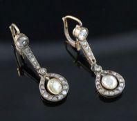 A pair of antique gold and diamond cluster set drop earrings, set with rose and rough cut stones and