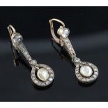 A pair of antique gold and diamond cluster set drop earrings, set with rose and rough cut stones and