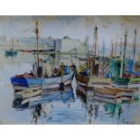 A Ravalles, watercolour and chalk, Fishing boats in harbour, 34 x 44cm signed, 13.5 x 17.5in.