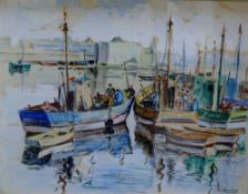 A Ravalles, watercolour and chalk, Fishing boats in harbour, 34 x 44cm signed, 13.5 x 17.5in.