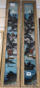 A pair of Japanese reverse painted glass panels, framed