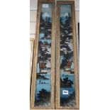 A pair of Japanese reverse painted glass panels, framed