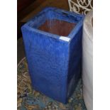 A large blue glazed square garden planter, H.60cm