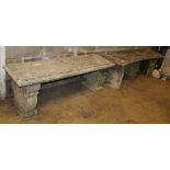 Two reconstituted stone garden bench seats, larger 140cm, D.40cm, H.46cm