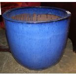 A large blue glazed garden planter, 55cm diameter, H.46cm