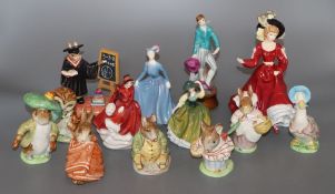 A collection of Royal Doulton figurines and Beswick Beatrix Potter characters, etc.