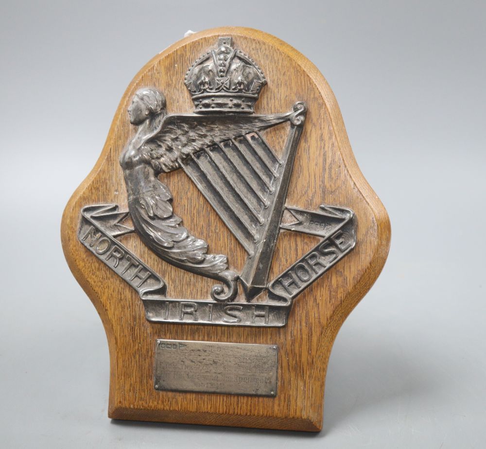 A George V silver mounted presentation plaque for the North Irish Horse, Walker & Hall Sheffield