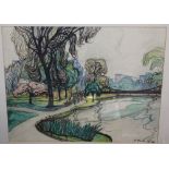 Nina Winder-Reid (1891-1975), Park scene with pond, signed, pastel, 39 x 51cm