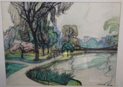 Nina Winder-Reid (1891-1975), Park scene with pond, signed, pastel, 39 x 51cm