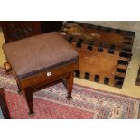 A Victorian iron bound silver chest and an adjustable piano stool, chest W.65cm D.37cm H.38cm