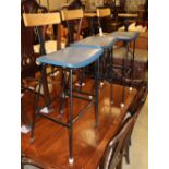 Three blue seated bar / breakfast stools, W.43cm, D.36cm, H.87cm