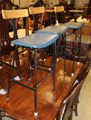 Three blue seated bar / breakfast stools, W.43cm, D.36cm, H.87cm