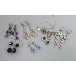 A quantity of white metal earrings and studs including paste and amethyst.