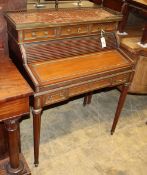 An 20th century French mahogany marble top tambour bureau, W.79cm, D.50cm, H.99cm