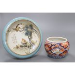 A Chinese porcelain brushwasher decorated with cockerel and hawk together with an Imari jar,