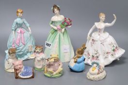 Three Royal Doulton porcelain figures and six Beswick, Doulton and Beatrix Potter figures