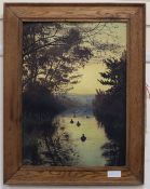 E.R. circa 1910, watercolour, Ducks on the river at sunset, initialled, 54 x 39cm