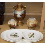 Three Crown Devon vases and a seven Crown Devon fish dishes