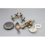 Mixed silver including a Georgian silver gilt child's rattle (lacking teether), a later rattle, a