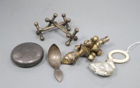 Mixed silver including a Georgian silver gilt child's rattle (lacking teether), a later rattle, a