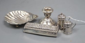 Minor silver including shell butter dish, two condiments, a dwarf candlestick and repousse box.