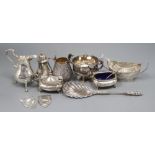 Small silver including condiments, milk jug, serving spoon, Indian jug and bookmarks.