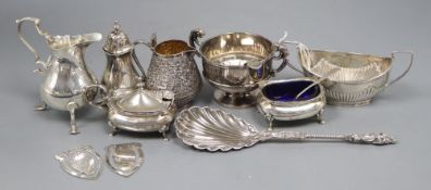 Small silver including condiments, milk jug, serving spoon, Indian jug and bookmarks.