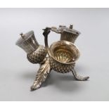 A Victorian electroplate 'thistle' three piece cruet set, height 10cm